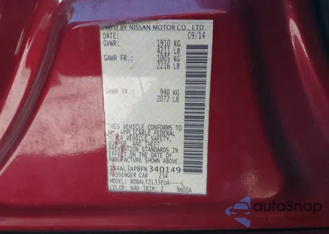 2015 Nissan Altima 2.5 Sl из США, поврежденный, VIN 1N4AL3AP8FN340149